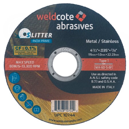 Weldcote Cut-Off Wheel 4-1/2 X .035 X 7/8 T1, Wa-60-S-Bf Slitter Inox-Prime 10744